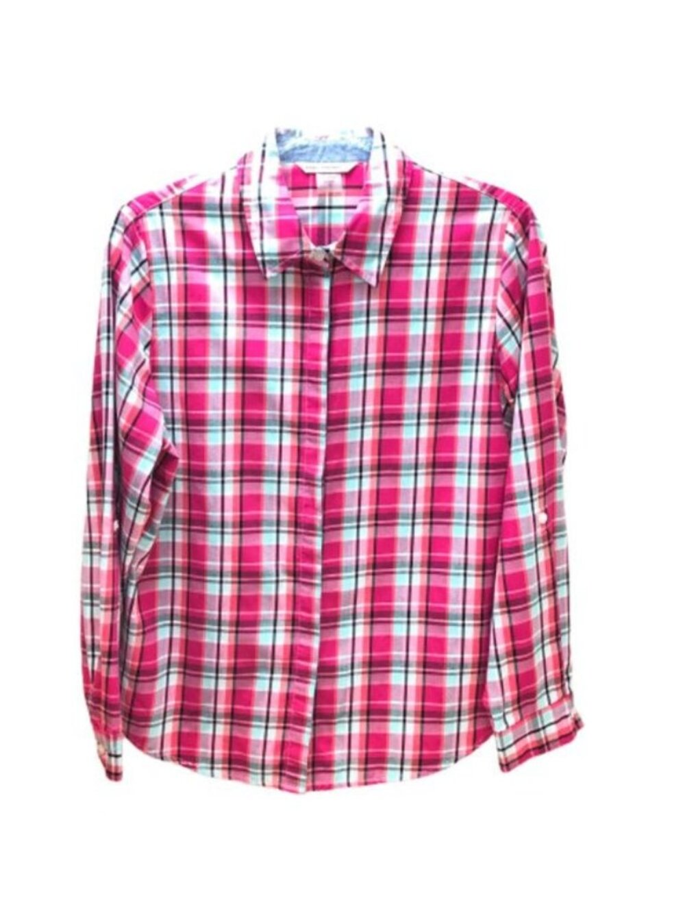 Allison Daley Plaid Button Front Shirt Women's Size 10 Pink Long Sleeve Checkere